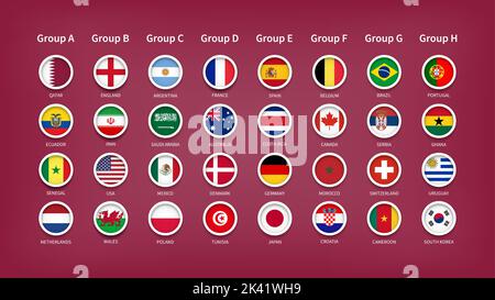 Qatar World Cup torneo 2022 . 32 squadre gruppi a pareggio finale con bandiera nazionale . Vettore . Illustrazione Vettoriale