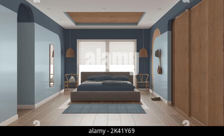 Moderna camera da letto in legno dalle tonalità blu, letto principale in velluto con cuscini e coperta, lampade a sospensione in rattan, sedie, appendiabiti. Parquet, moquette, finestra, Foto Stock
