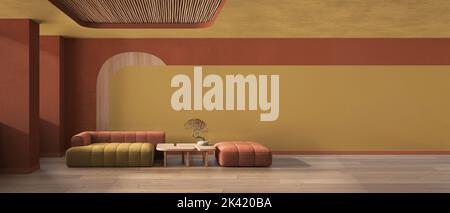 Vista panoramica di un elegante soggiorno in tonalità arancio, divano e pouf, tavolo in legno con bonsai, pareti in cemento. Parquet e soffitto di canna. Spazio di copia. Foto Stock