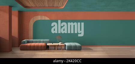 Vista panoramica di un elegante soggiorno nei toni turchese e arancione, divano e pouf, tavolo, bonsai, pareti in cemento. Parquet e soffitto di canna. Copia spac Foto Stock