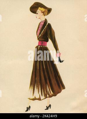 Disegno di illustrazione della moda donna: Schizzo di vestiti e accessori, Italia 1940s Foto Stock