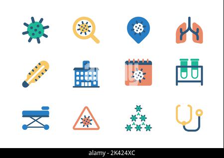 Concetto di coronavirus delle icone di fotoricettore regolato nel disegno piatto semplice. Pacchetto di virus, ricerca scientifica, laboratorio, termometro, ospedale, provetta Illustrazione Vettoriale