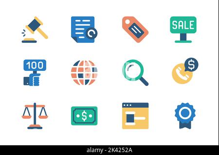 Concetto d'asta di icone di fotoricettore regolato nel disegno piatto semplice. Confezione di gavel, documento, etichetta tag, vendita, offerta, ricerca, chiamata, denaro, denaro contante, asta online Illustrazione Vettoriale