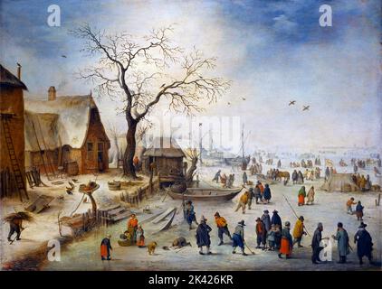 Un villaggio in inverno con i contadini sul ghiaccio di Jan Brueghel il giovane (1601-1678), olio su pannello di quercia, c.. 1630-40 Foto Stock