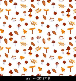 Vector autunno senza cuciture modello con funghi, mosca agarico e foglie in stile cartoon disegnati a mano isolato su sfondo bianco per abbigliamento bambino, te Illustrazione Vettoriale