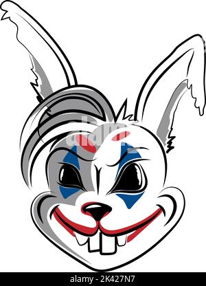 Un brutto coniglietto, disegnato a mano in stile doodle. Joker Lepre. Testa di coniglio pazzo. Stilizzazione di un animale con emozioni umane. Simbolo dell'anno. Vettore illus Illustrazione Vettoriale
