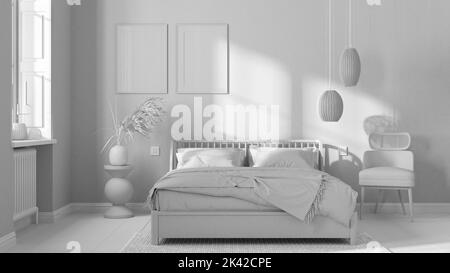 Progetto bianco totale, camera da letto scandinava in legno, mockup telaio, letto matrimoniale con cuscini, piumone e coperta, carta da parati a righe, moquette, tavolo e. Foto Stock