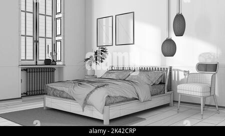 Progetto progetto Blueprint incompiuto, camera da letto in legno scandinavo, mockup telaio, letto con cuscini, piumone e coperta, carta da parati a righe, parquet e vinci Foto Stock