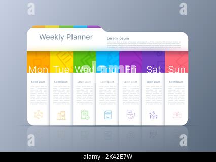 Pianificazione timeline settimanale, calendario agenda. Modello di orario settimanale Vector sette giorni da lunedì a domenica. 3d business layout design, infografica o cartella con icone di marketing Illustrazione Vettoriale