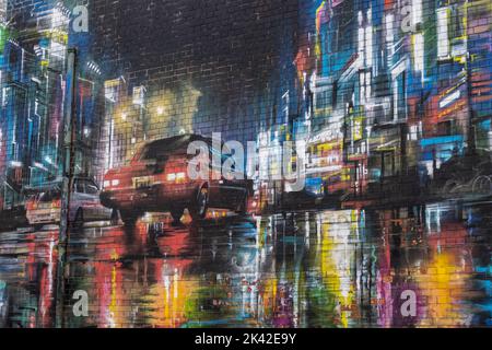 Murale, 'Blurry Eyed' di Dan Kitchener per la notte della Cultura 2016, Talbot Street, Cathedral Quarter, Belfast, Irlanda del Nord, REGNO UNITO Foto Stock