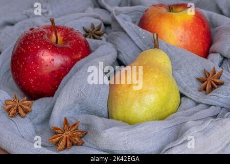 Una pera e due mele rosse bagnate con gocce d'acqua sono avvolte in una sciarpa grigia con anice stellato Foto Stock