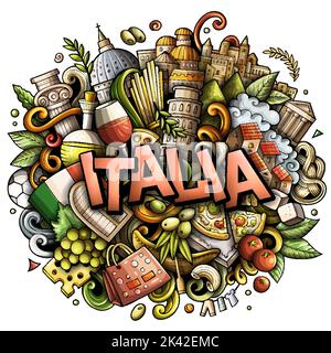 Italia disegno a mano cartoni animati Doodles illustrazione. Divertente design da viaggio. Illustrazione Vettoriale