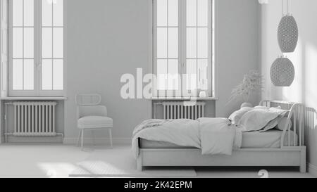 Progetto bianco totale, camera da letto scandinava in legno, letto matrimoniale con cuscini, piumone, coperta, carta da parati a righe, finestre con radiatori, parquet. S Foto Stock