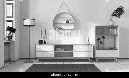 Progetto progetto BluePrint incompiuto, interni moderni in legno, commode e comò con mensole, candele e decorazioni. Carta da parati a righe, finestra e parque Foto Stock