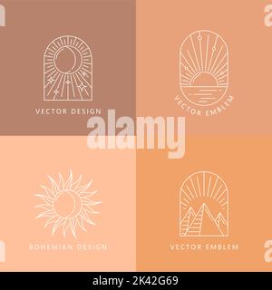 Boho sole, luna e piramidi con stelle, icone vettoriali. Emblemi lineari bohemiani disegno di piramidi di luce solare, luna ed Egitto per il doodle mistico o esoterico dei simboli magici di Boho Illustrazione Vettoriale