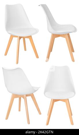 Sedia moderna ed elegante in plastica con gambe in legno in diverse angolazioni di colore bianco. Isolato su sfondo bianco. Elemento interno Foto Stock