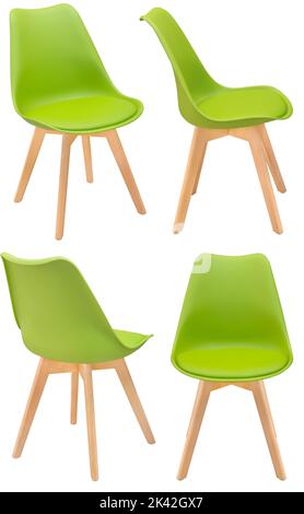 Sedia moderna ed elegante in plastica con gambe in legno in diverse angolazioni di colore verde. Isolato su sfondo bianco. Elemento interno Foto Stock