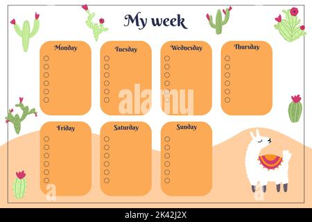 Pianificatore settimanale per bambini con cactus disegnati a mano e lama alpaca in cartoon stile infantile. Illustrazione vettoriale colorata per fisso, programma, elenco, Illustrazione Vettoriale