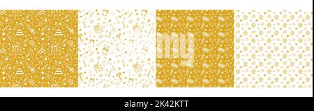 Set di modelli di compleanno senza giunture nel vettore. Mano disegnata doodle sfondo con regali, torta, bandiere di festa, palloncini, candela, confetti in oro per Illustrazione Vettoriale