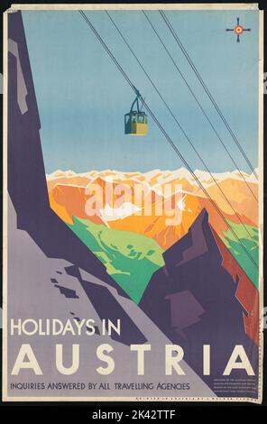 Poster di viaggio vintage colorato dell'Austria che mostra le montagne e la cabinovia turistica Foto Stock