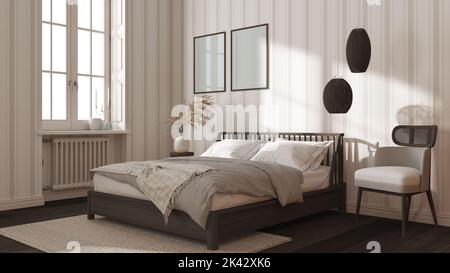 Camera da letto in legno scandinavo nei toni del bianco e del scuro, mockup telaio, letto matrimoniale con cuscini, piumone e coperta, carta da parati a righe, moquette, parquet e. Foto Stock
