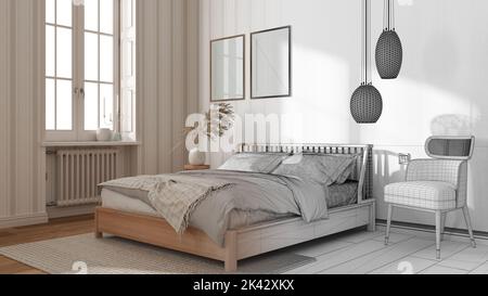 Architetto Interior designer concetto: Progetto disegnato a mano incompiuto che diventa reale, camera da letto, telaio mockup, letto con cuscini, carta da parati a righe Foto Stock