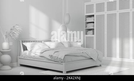 Progetto bianco totale, camera da letto scandinava in legno, letto matrimoniale con cuscini, piumone e coperta, carta da parati a righe, guardaroba in rattan, lampade e parq Foto Stock