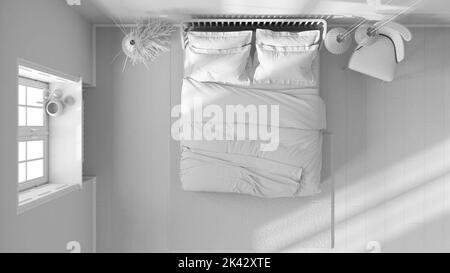 Progetto bianco totale, camera da letto scandinava in legno, letto matrimoniale con cuscini, piumone e coperta, carta da parati, finestra e parquet. Vista dall'alto, pianta, abo Foto Stock