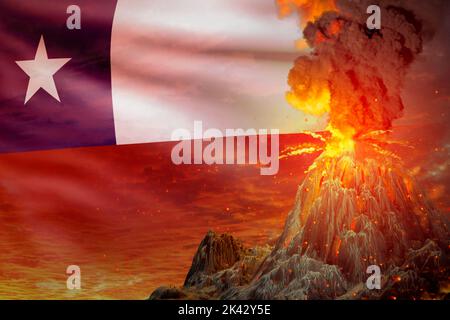 Eruzione di esplosione stratovulcano di notte con esplosione sullo sfondo bandiera Cile, problemi a causa di eruzione e il concetto di terremoto vulcanico - 3D illus Foto Stock