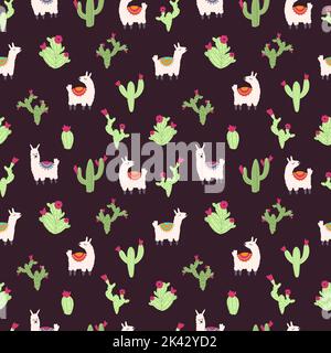 Pattern vettoriale senza cuciture con alpaca lama e cactus su sfondo scuro. Illustrazione vettoriale con animali carini in cartoon piatto stile infantile per bab Illustrazione Vettoriale