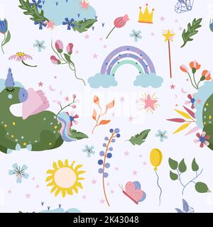 Modello senza cuciture con simpatico unicorno, fiori e foglie colorate, nuvola e arcobaleno. Fantastico Unicorno. Illustrazione vettoriale Illustrazione Vettoriale