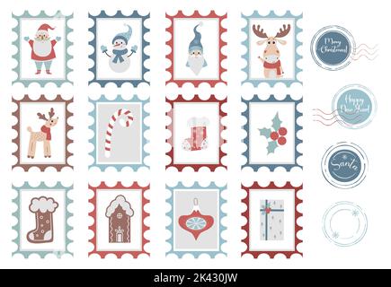 Grande set di carino Natale e francobolli di Capodanno per la busta. Mail Babbo Natale. Collezione di illustrazioni vettoriali per la decorazione di Natale ca Illustrazione Vettoriale