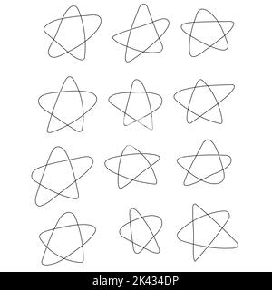 Set di stelle a linea continua in stile infantile di doodle disegnate a mano. Illustrazione vettoriale di una stella a cinque punte Illustrazione Vettoriale