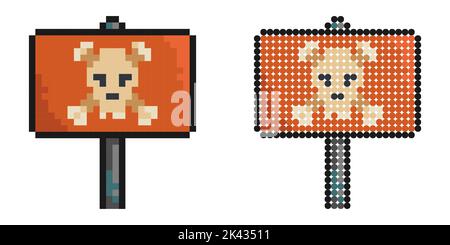 Icona pixel. Cartello con cranio e crossoni. Simbolo di pericolo, designazione campo minato. Semplice vettore di gioco retrò isolato su sfondo bianco Illustrazione Vettoriale