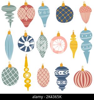 Set di colorati ornamenti natalizi in stile disegnato a mano. Illustrazione vettoriale delle decorazioni per l'albero di Natale Illustrazione Vettoriale