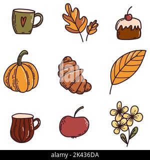 Set di elementi autunnali di doodle isolati su bianco. Illustrazione vettoriale di tazza, foglie, zucca, fiore, croissant, torta, mela per libro da colorare Illustrazione Vettoriale