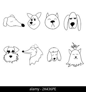 Ritratto vettoriale di un cane di razze diverse in stile fumetto doodle. PET illustrazione di basset hound, caccia ai borzoi russi, pug, collie, barbatelle Illustrazione Vettoriale