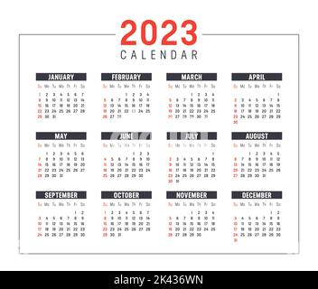 Calendario dell'anno 2023, isolato su sfondo bianco. Modello vettore. Illustrazione Vettoriale