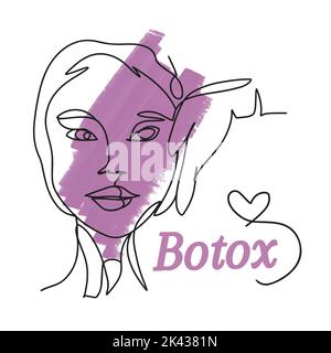 Un disegno della linea, faccia delle ragazze, botox, scrittura manoscritta, mano gloved Illustrazione Vettoriale