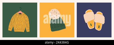 Maglione a maglia, cappello con pompon, comode pantofole. Set di elementi di design autunnali. Illustrazioni a isolamento piatto vettoriale. Illustrazione Vettoriale