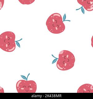 Modello senza cuciture con simpatica frutta kawaii alla mela con un viso felice in stile piatto. Illustrazione vettoriale disegnata a mano di bambini sfondo cartone animato per wrappin Illustrazione Vettoriale