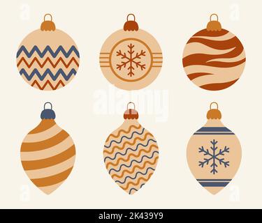 Collezione di palle di albero di Natale in stile retrò 70s isolato su sfondo bianco. Illustrazione vettoriale. Illustrazione Vettoriale