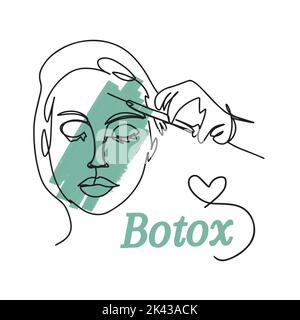 Disegno di una linea, faccia delle ragazze, botox, scritte a mano, siringa per iniezione Illustrazione Vettoriale