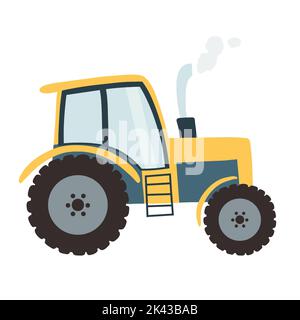 Trattore in stile cartoon flat. Illustrazione vettoriale di una macchina agricola pesante per arare, coltivare il suolo e piantare campi. Illustrazione Vettoriale