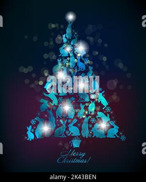 Albero di lepri. Felice anno nuovo 2023. Bella cartolina di natale. Illustrazione vettoriale Illustrazione Vettoriale