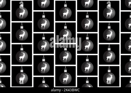 Modello senza cuciture di palle natalizie con cervi in nero, stile di moda vettoriale disegnato a mano, umore natalizio Illustrazione Vettoriale