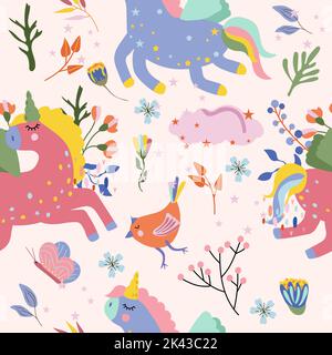 Modello senza cuciture con unicorno magico, fiori e foglie di fiori selvatici colorati, nuvola, farfalla. Cute pattern può essere utilizzato come tessuto, tessuto, carta da parati, banner e altro. Illustrazione vettoriale Illustrazione Vettoriale