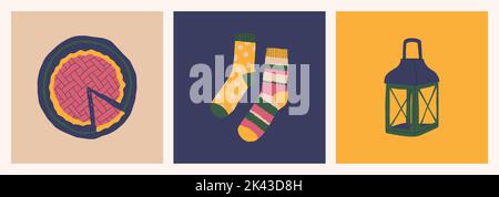 Torta autunnale, calze colorate, candelabro all'aperto. Set di elementi di design autunnali. Illustrazioni a isolamento piatto vettoriale. Illustrazione Vettoriale