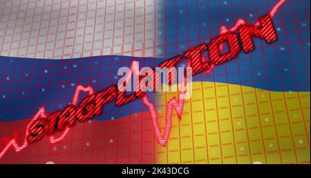 Immagine del testo relativo al trattamento dei dati e alla stagflazione sulle bandiere di russia e ucraina Foto Stock