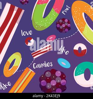 Sfondo colorato senza cuciture con diverse caramelle Vector Illustrazione Vettoriale